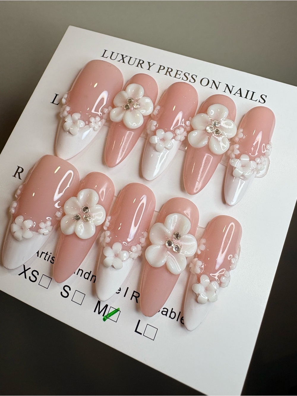 Luxury Pink & White 3D Floral Press-On Nails